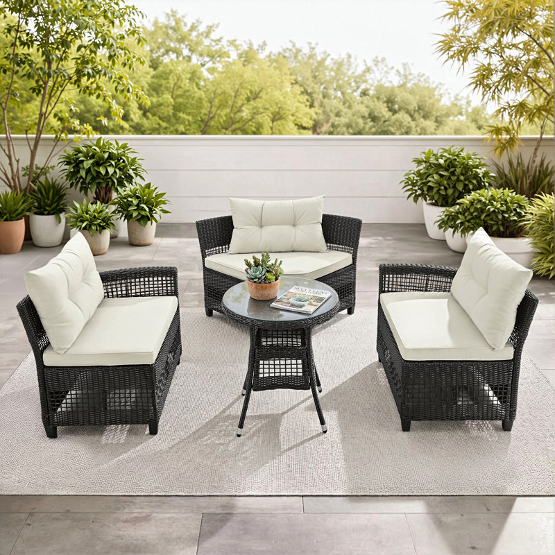 Ensemble de conversation modulaire en osier 3 personnes avec coussins Bogovic, Coussin beige, structure noire