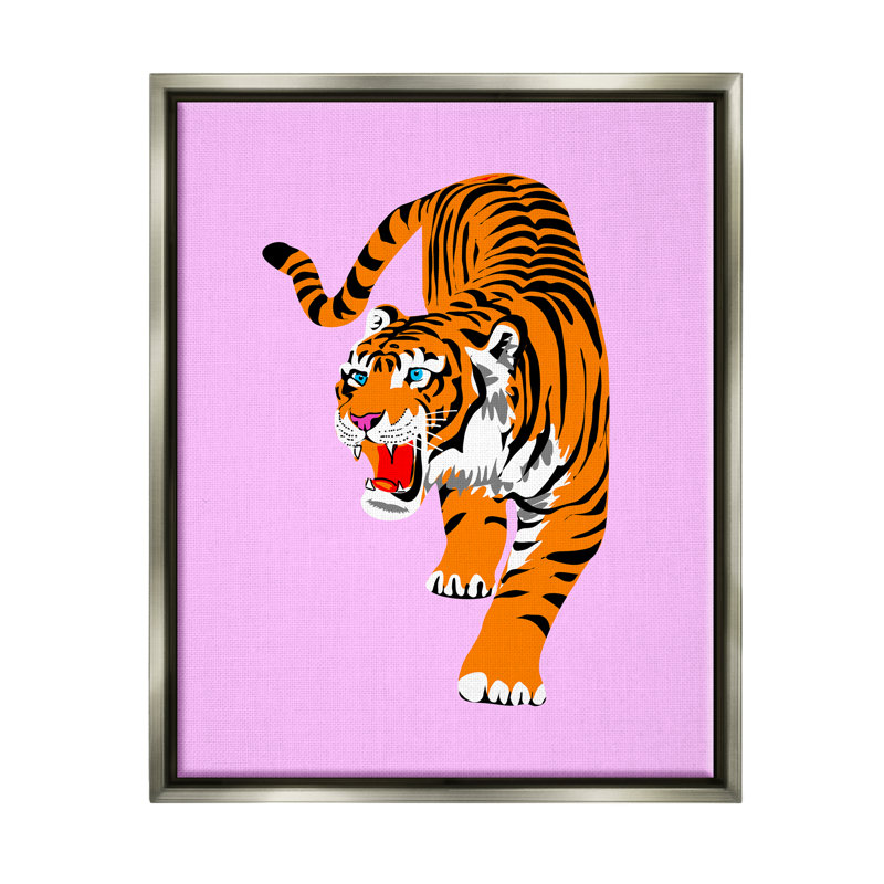 «Roaring Tiger on Pink Floater», art mural sur toile par lulusimon, Cadre flottant gris lustré, H 21 po x l 17 po x P 1,7 po