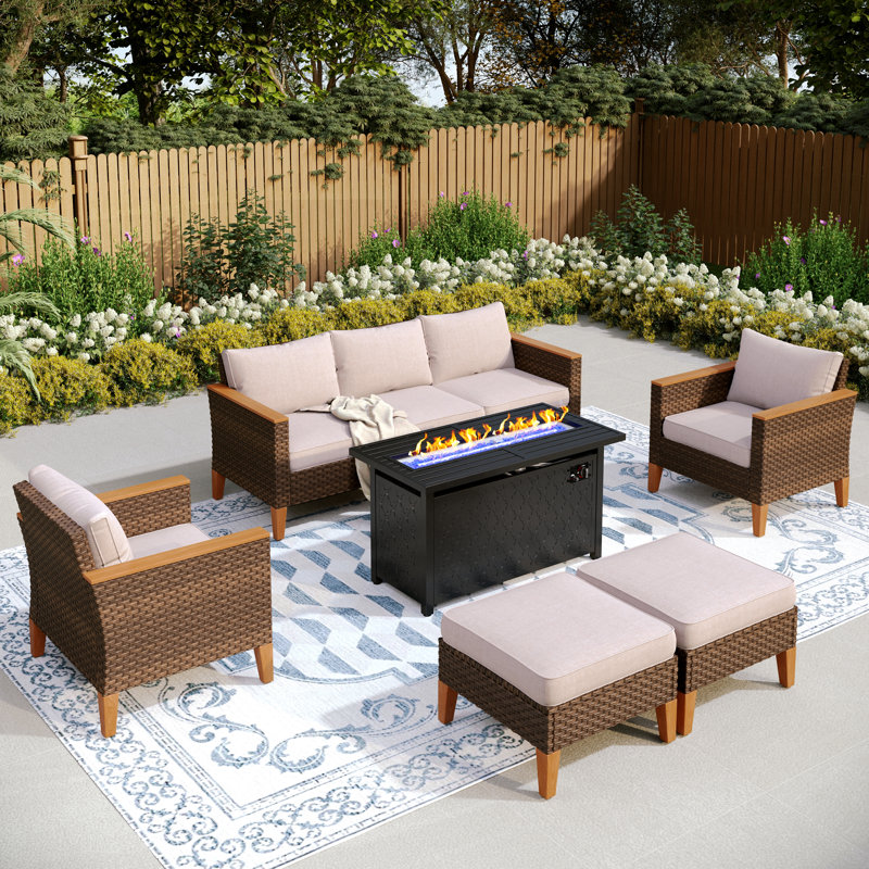 Phenice 7 - Person Outdoor Wicker Patio Conversation Furniture Set with Fire Pit Table