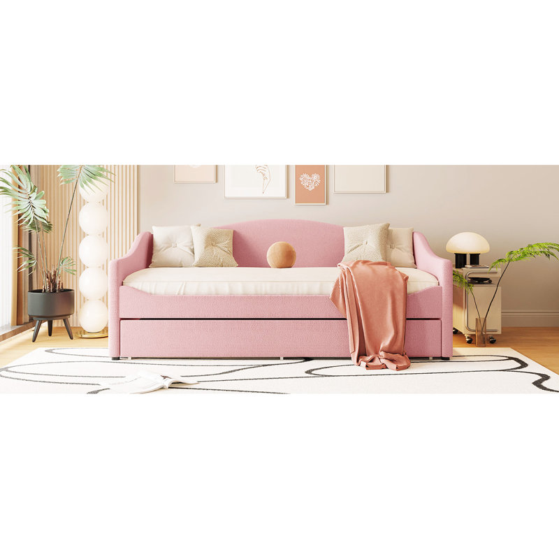 Modern Twin Upholstered Daybed With Adjustable Trundle Bed And In Pink Size Warm Fleece Foldable Cart, Twin, Pink