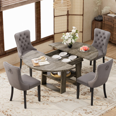 Ensemble de salle à manger rond extensible de 110 à 150 cm avec 4 à 6 chaises rembourrées en velours, style ferme moderne.