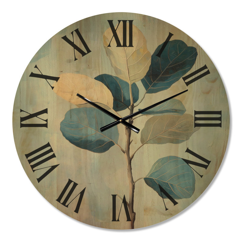 Horloge murale décorative botanique en forme de branche de figuier bleue, imprimée sur bois, Médium