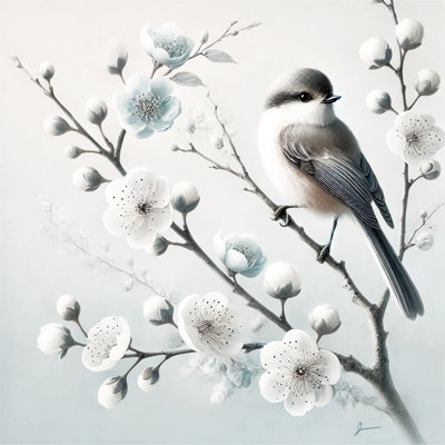 Impression sur toile «Elegance of Nature - White Blossom and Bird»