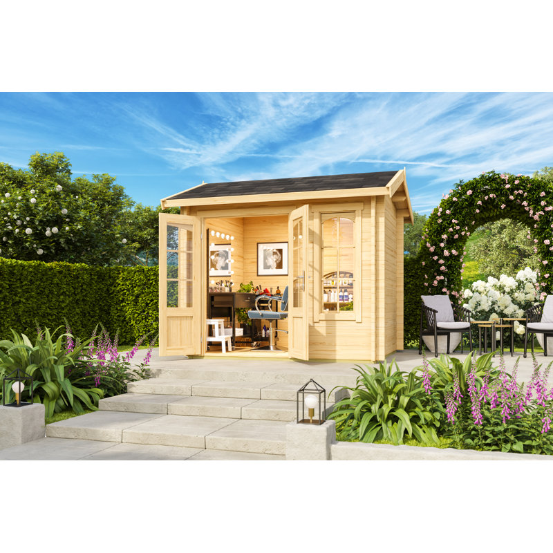 Lasita Alex Mini 8.5 x 7 Ft. Premium Log Cabin With Tempered Double Glazing (44mm), Natural Wood