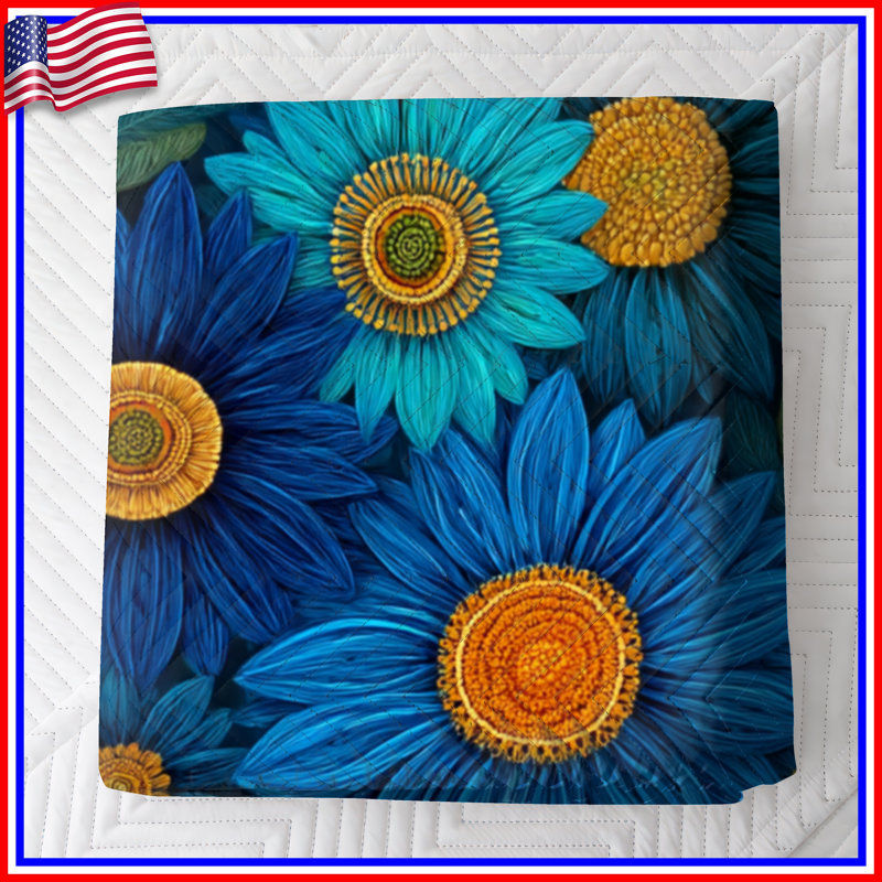 Blue Orange Flowers Quilted Bedspread, Queen
