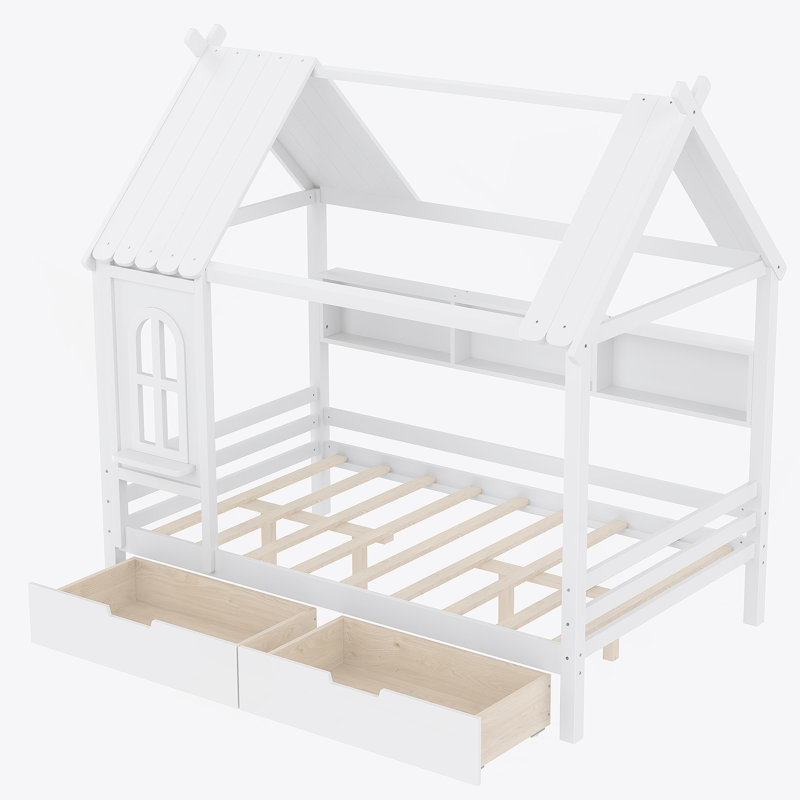Lit double avec tiroirs de rangement et fenêtre, structure en bois massif, conception enfantine pour enfants, aucune boîte à ressorts nécessaire, blanc