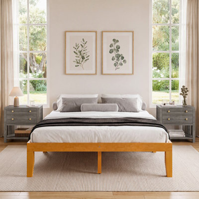 Ensemble de chambre à coucher 3 pièces en bois minimaliste, base de lit plateforme en bois avec 2 tiroirs de rangement