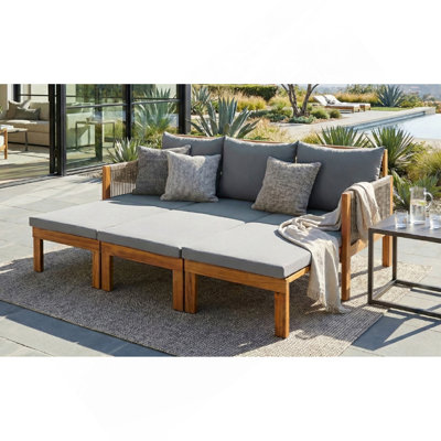 Outdoor Daybed Patio Sofa Bed 3 Seat Patio Sunbed Outdoor Sleeper Sofa Outdoor Couch for Patio, Backyard, Pool, Natural Wood+Grey Cushion