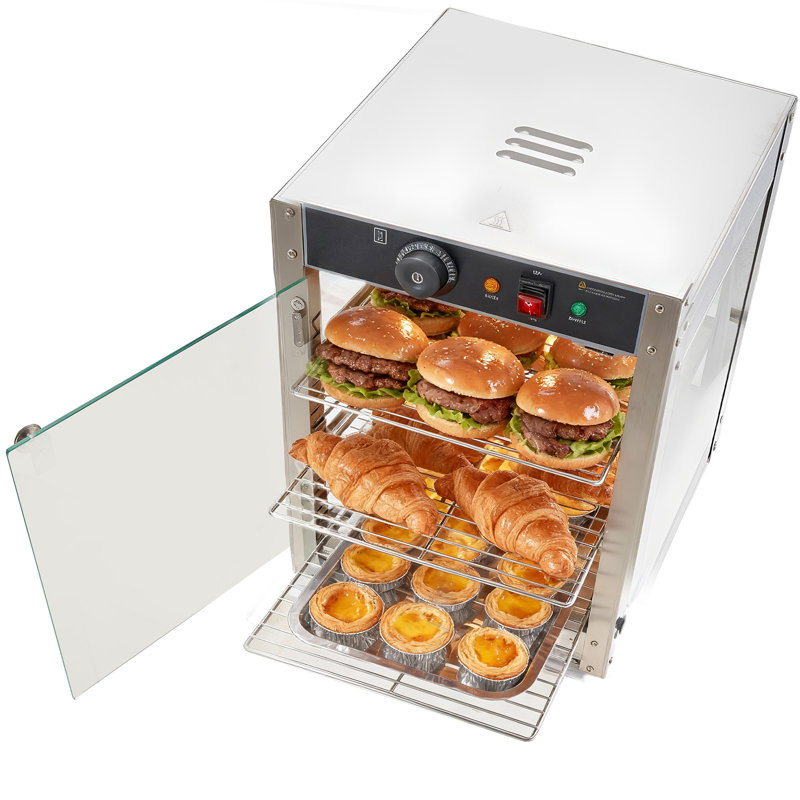 Réchaud commercial à 3 niveaux, présentoir 800 W avec lumière DEL, tablette réglable et cadre en acier inoxydable, chauffage à air chaud 86 185 185 ℉, 34 L pour hamburger, pizza, pain, poulet frit