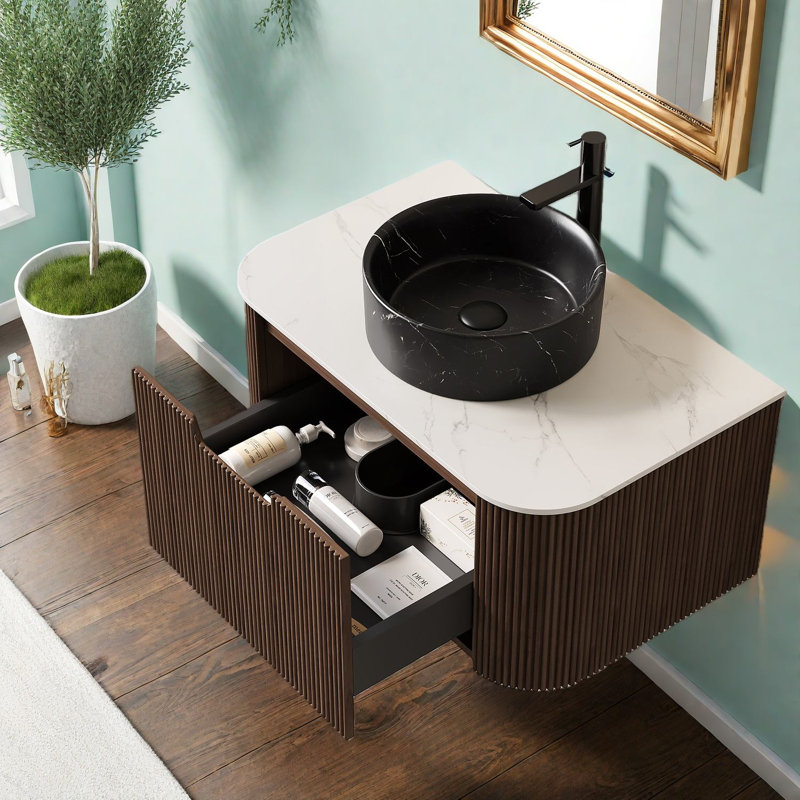 Meuble-lavabo et lavabo flottant Modern Modern, lavabo en céramique durable et solution de rangement pour petits espaces, finition noyer foncé élégant
