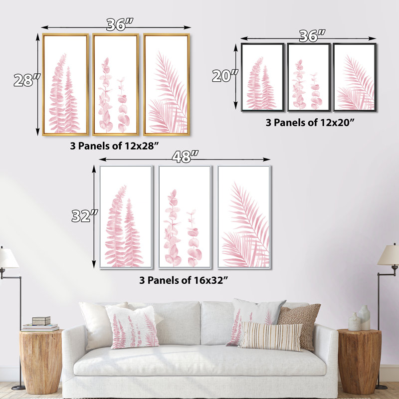 «Blush Pinkeucalyptus and Palm Branches», peinture sur toile flottante 3 pièces, Cadre noir, L 36 po x H 28 po
