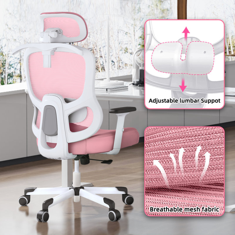 Mazlack Ergonomic Mesh Office Chair with 6D Headrest, Adjustable Lumbar, Flip-up Arms, Pink