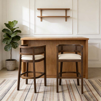 Wood And Rattan Upholstered Arm Bar Stools