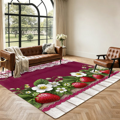 Tapis décoratif à motif floral fraise, antidérapant et lavable, idéal pour le salon, la chambre à coucher, la cuisine, la terrasse et le couloir.