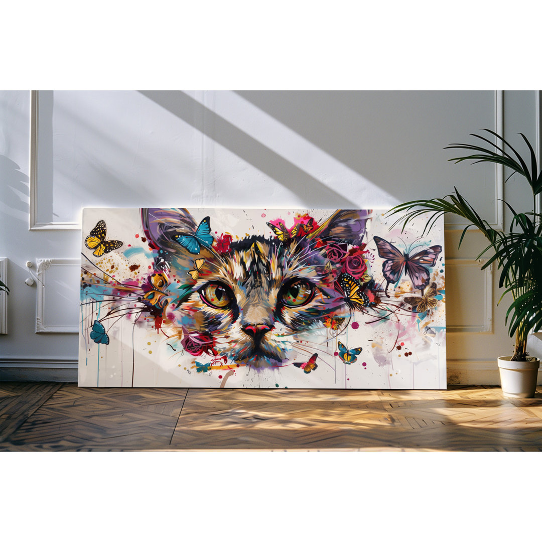 Wandbild 120x60cm Katze Kater Hauskatze Bunt Farbenfroh Kunstvoll