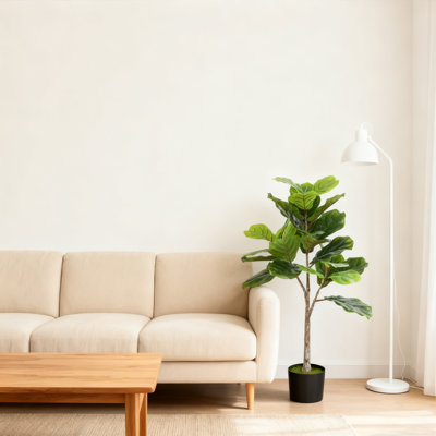 1 Piece Artificial Fiddle Leaf Fig Tree Potted Plant, 43.3 Inch Simulated Plant with Black Plastic Pot for Indoor and Outdoor Office Home Home Porch D