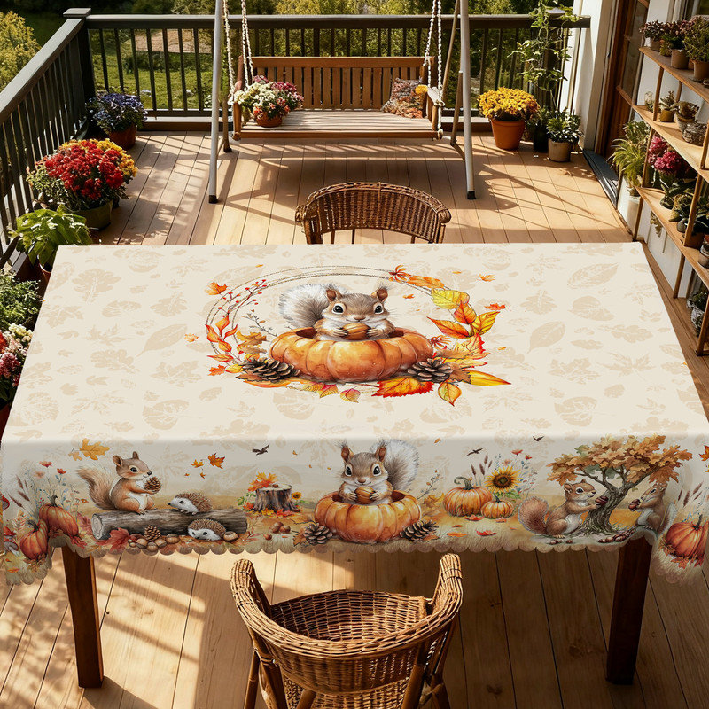 Machine-washable polyester tablecloth with autumn squirrel design, 70.8" L x 55.12" W
