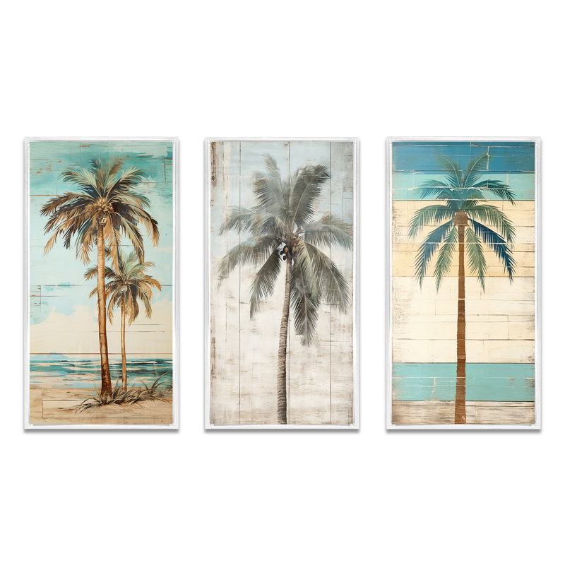 Palmier tropical dans des couleurs rétro délavées - 3 pièces, Cadre flottant blanc, H 40 po x l 60 po