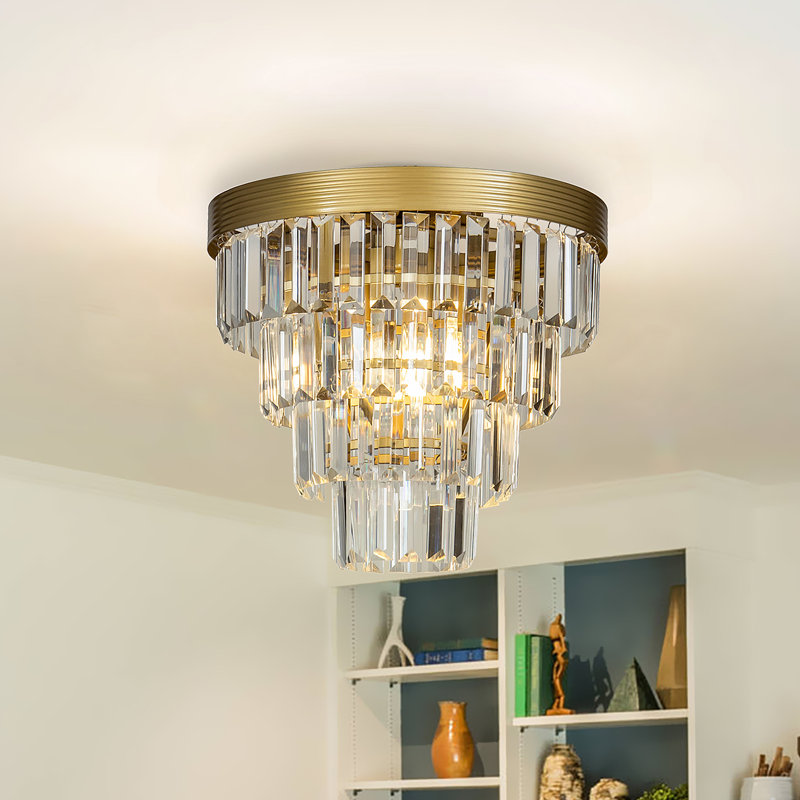 3-Light 13" Glam Tiered Flush Mount With Crystal Accents for Bedroom, Brass
