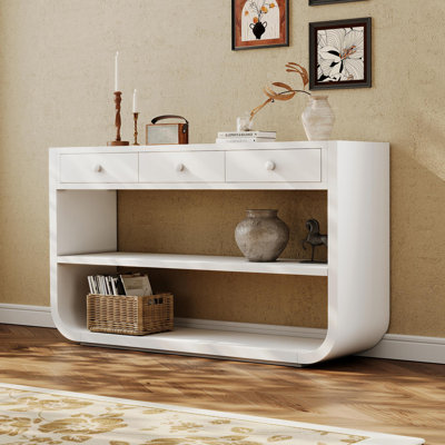 Console moderne incurvée avec 3 tiroirs à fermeture en douceur et 2 tablettes ouvertes, base en bois massif, table de vestibule pour vestibule de salon, blanc