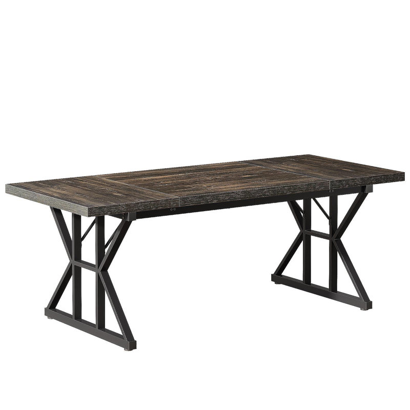 71" Farmhouse Dining Table For 6, Rustic Rectangular Kitchen Table With X-Trestle Metal Legs, Wood Top Dinner Table For Dining Room, Rustic Black