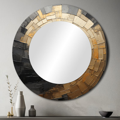 Gold Black Spiral Poteries - Abstract Spirals Wall Mirror, Gold Round Decorative Mirror, Printed Metal Art