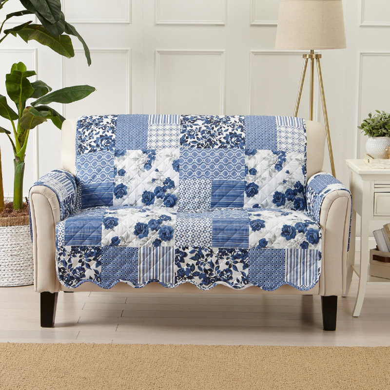 Navy Patchwork Reversible Scalloped Sofa Protector