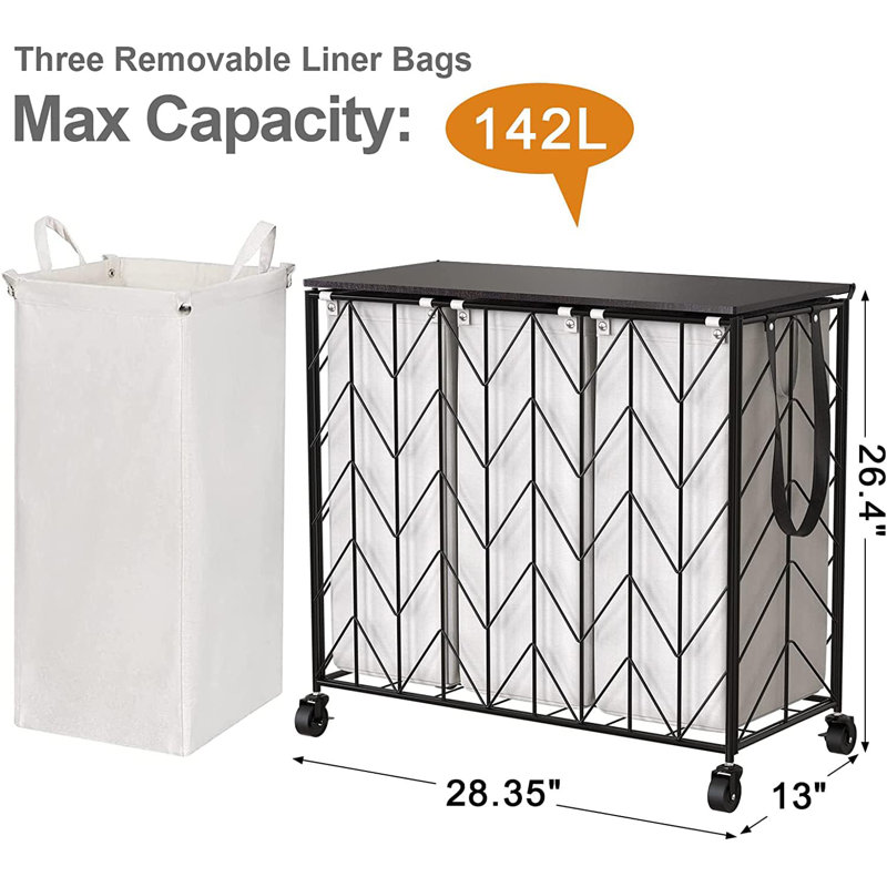 3-Section Laundry Hamper Sorter With Retractable Hanging Rod & Storage Shelf - 65.3" Clothes Drying Rack With Lockable Wheels For Heavy Duty Laundry Room Organization