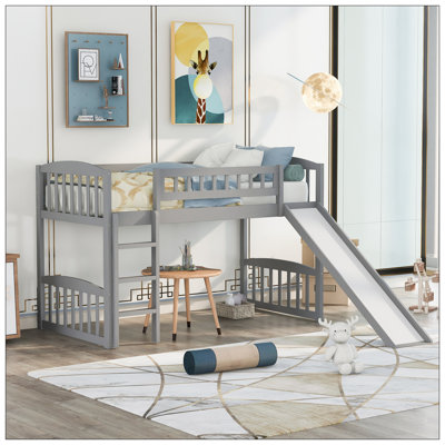 Twin Size Loft Bed With Slide And Ladder, Gray