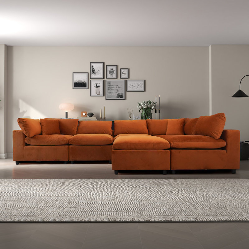 Hayward Burnt Orange Velvet Modular Sectional Sofa, Orange Velvet