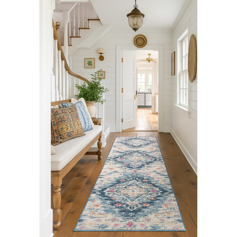 Tapis bleu abstrait Kymiere, Tapis de couloir 2 pi 3 po x 6 pi