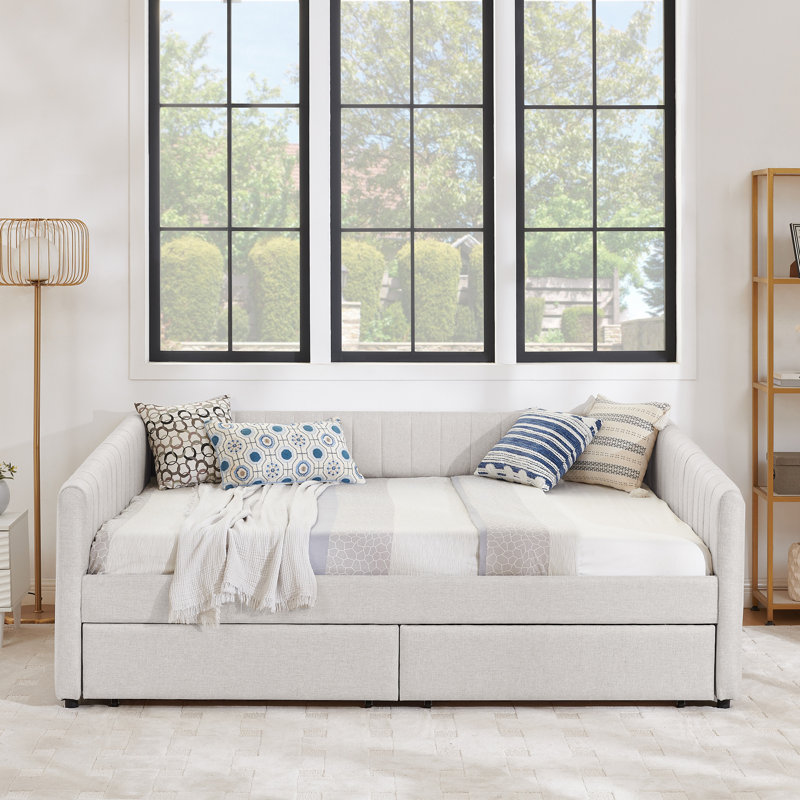 Queen Size Daybed With Two Drawers Trundle Upholstered Sofa Bed, With Vertical Stripes, Linen Fabric (86.5"X65"X30"), Beige