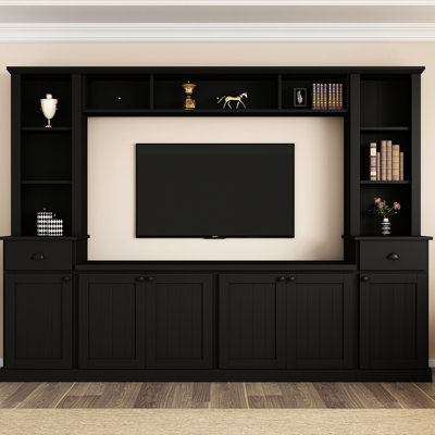 Meuble télé 75 po avec hauteur réglable et amplement d'espace de rangement, unité de rangement murale à finition noire,