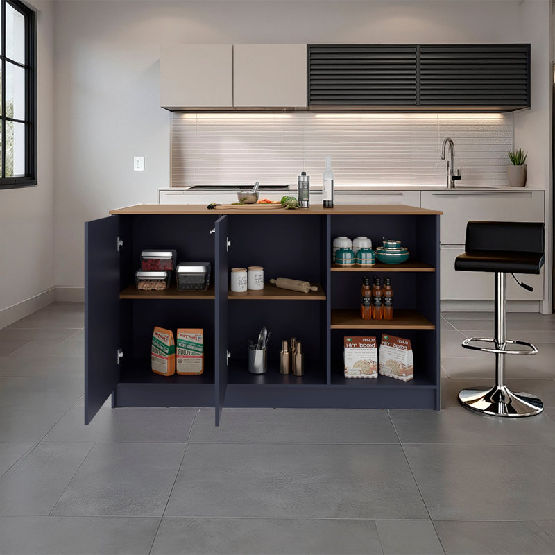 Kronos Blue And Natural Oak Kitchen Island With 2 Doors And Open Storage, Oak