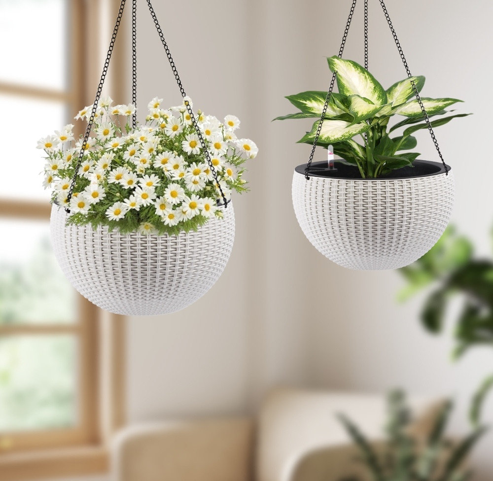 East Urban Home Self-Watering Hanging Rattan-Inspired Planter, Large ...