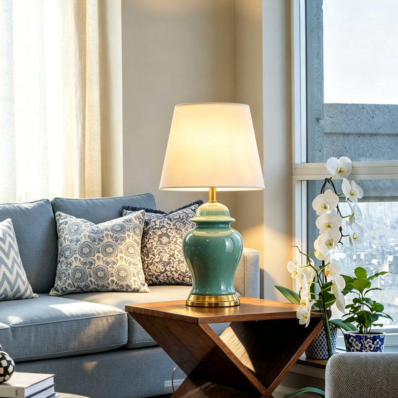 Lampe de table en céramique de 53 cm (21 pouces), lampe de chevet en forme de pot à gingembre à glaçure craquelée avec abat-jour en tissu pour chambre ou salon