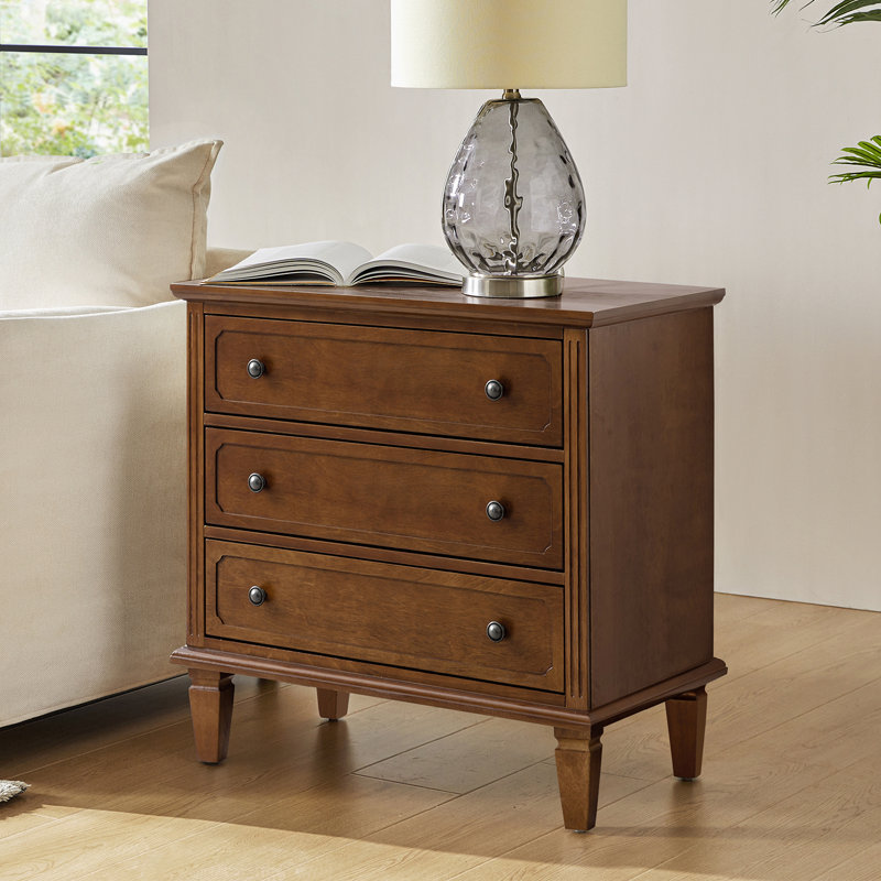 Amberlyn 28.3'' W Transitional 3-Drawer End Table with Built-In Outlet and Solid Wood Legs, Walnut