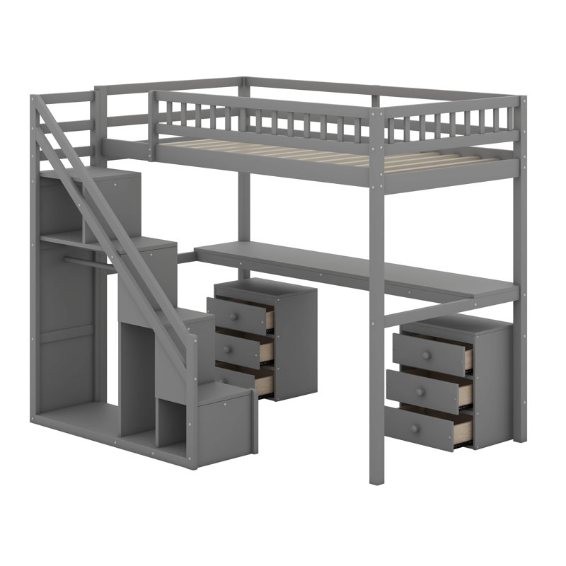  Lit mezzanine avec deux commodes, bureau et bande lumineuse, gris, Lit simple