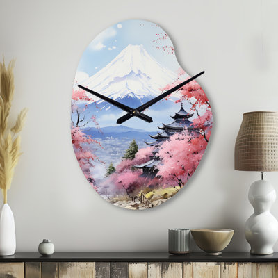 Asian Art Majestic Mont Fuji III - Asian Art Asymmetrical Metal Wall Clock, Pink Unique Shape Metal Clock Print
