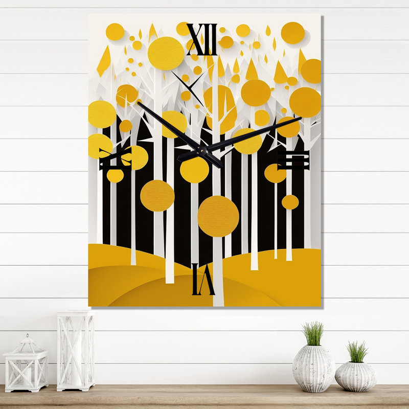 Horloge murale abstraite à motif de forêt jaune minimaliste II, Petit