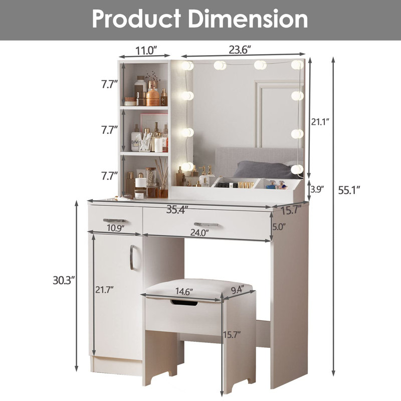 35.4'' Wide Vanity Set with Stool and Mirror, White
