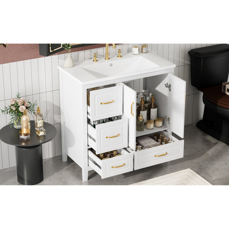 Meuble-lavabo autoportant blanc de 36 po avec lavabo en résine, 2 portes à fermeture en douceur, 4 tiroirs à fermeture en douceur, poignées en aluminium, ouverture à l'arrière pour une connexion rapide de la tuyauterie, portes à une armoire, installation écoénergétique