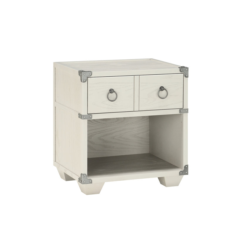 Table de chevet grise de style industriel avec pieds en bois et quincaillerie en métal
