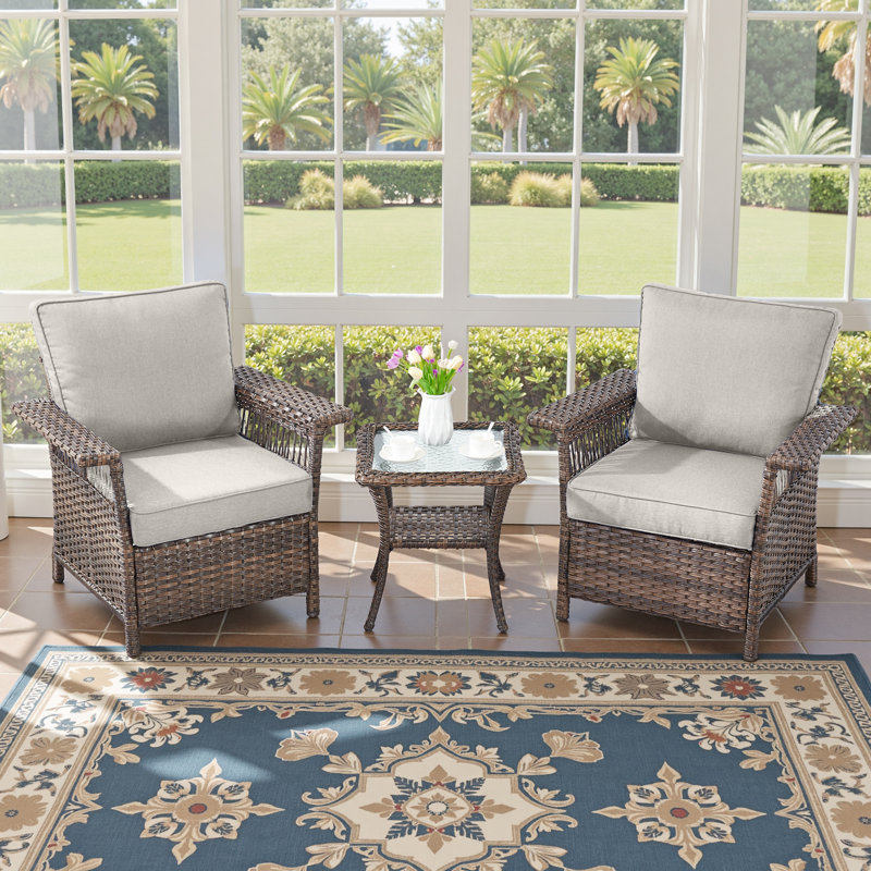 Chaises d'extérieur en osier avec coussin et table d'appoint Anferney, Beige