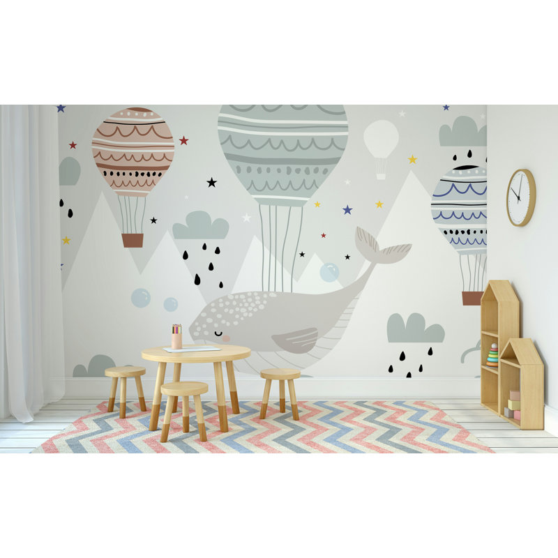 Papier peint amovible bébé baleine grise, L 114 po x l 204 po