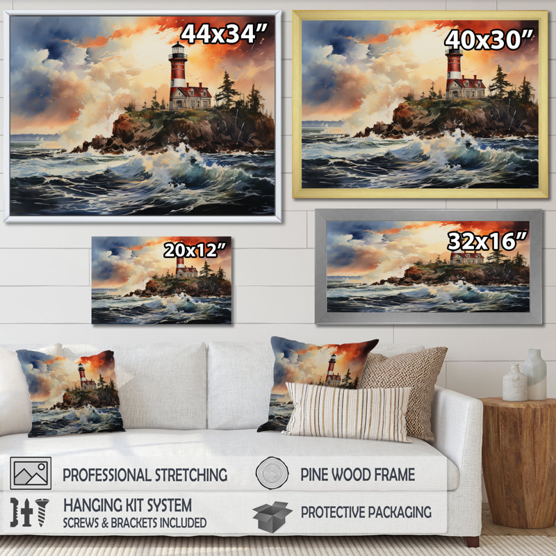 Phares rétro avec lumière guidée III sur toile, 30" H x 40" W, Cadre flottant noir