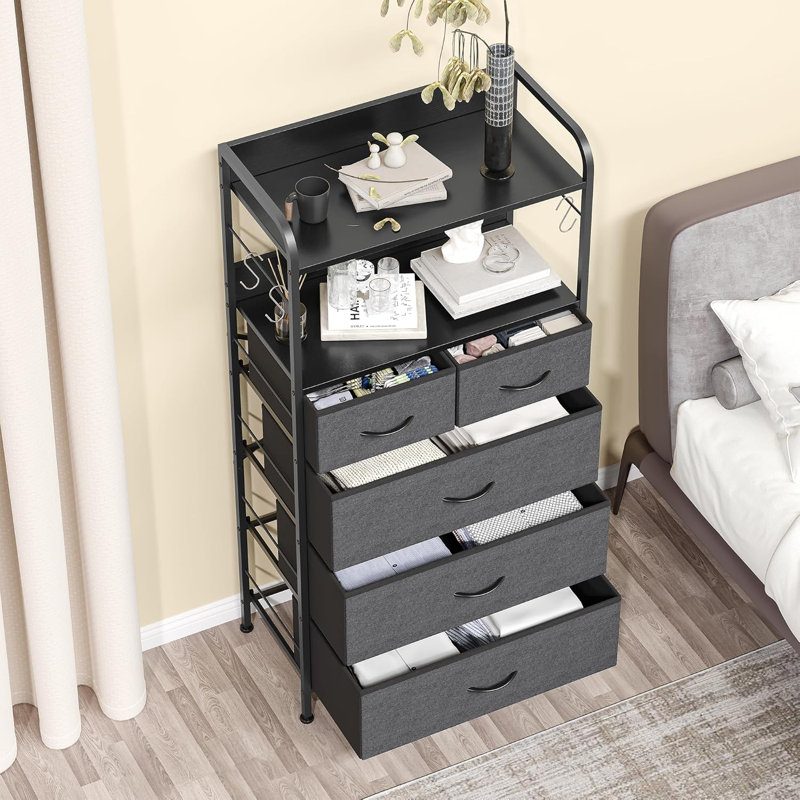 Slim Tall Dresser with Metal Frame, Wood Top, Open Shelf & Hooks Chest Organizer