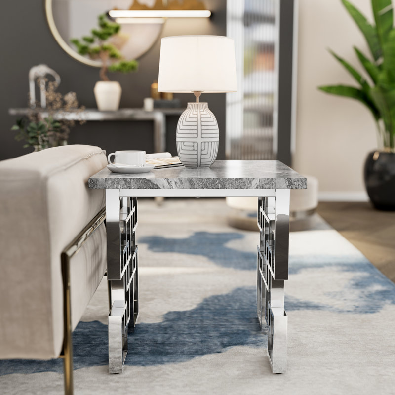 Grey And Silver End Table With Polished Metal Geometric Base