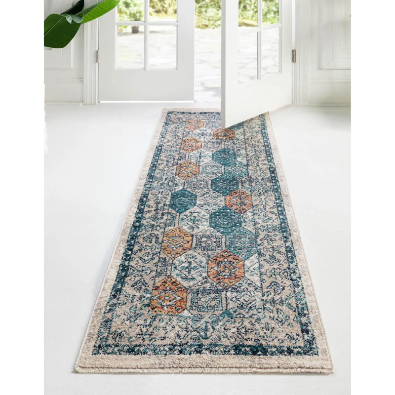 Akira Geometric Rusty Red/Indigo Blue/Saffron Yellow/Beige Area Rug, Runner 2' x 13'