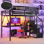 Lit mezzanine double en métal avec bureau et configuration Doohickey, éclairage coloré en escalier noir, tablettes supérieures de rangement intégrées-130149878